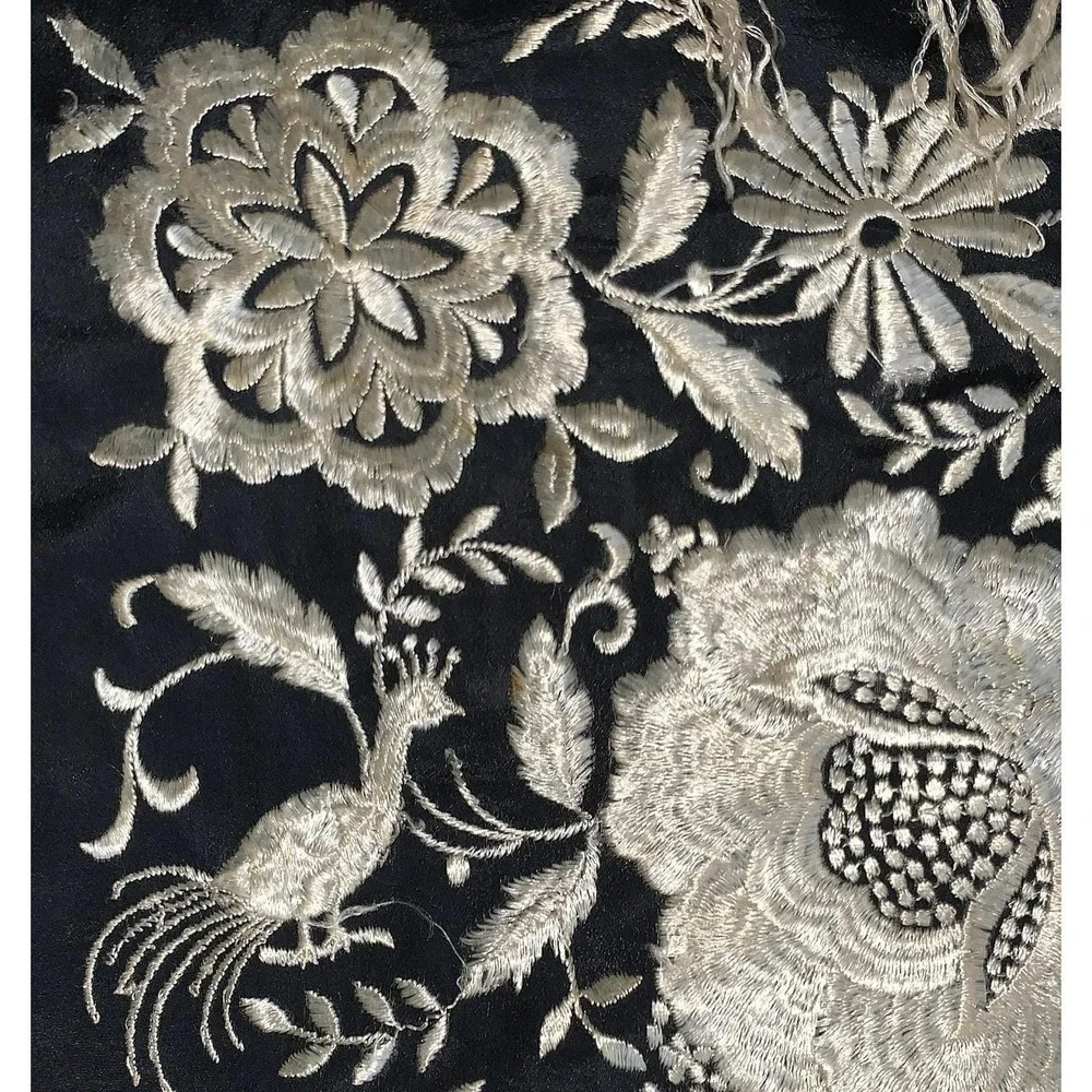 Antique Black Ivory Silk Floral w Peacocks Embroidered Manila Fashion Shawl READ